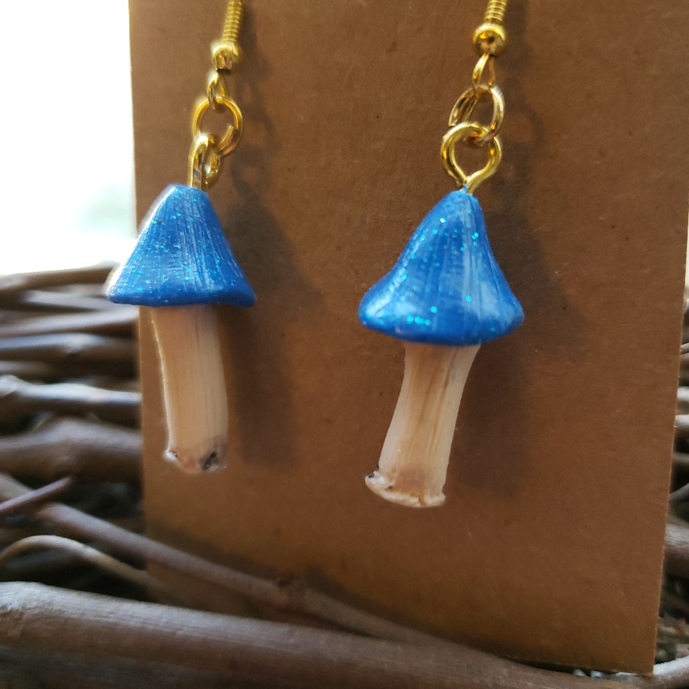 New HANDMADE blue capped mushroom with "dirt" on stem for detail